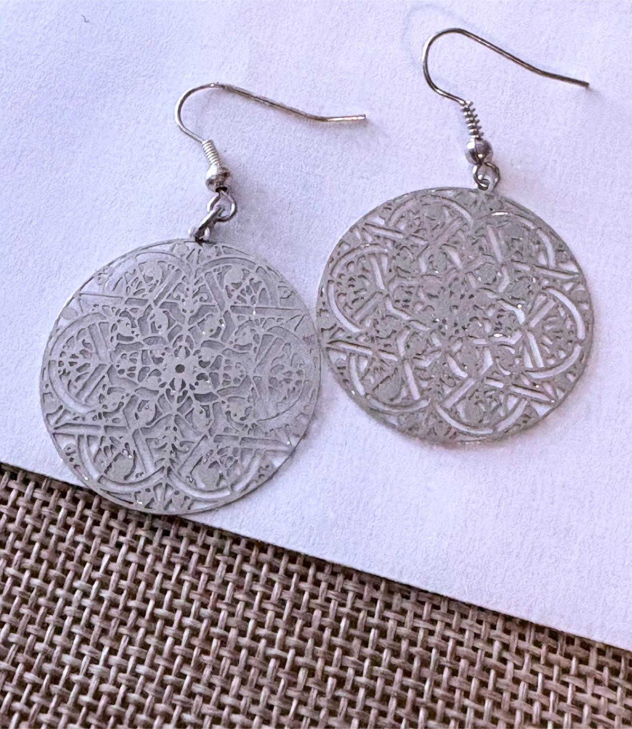 Silver Filigree like cutout Round Dangle Earrings