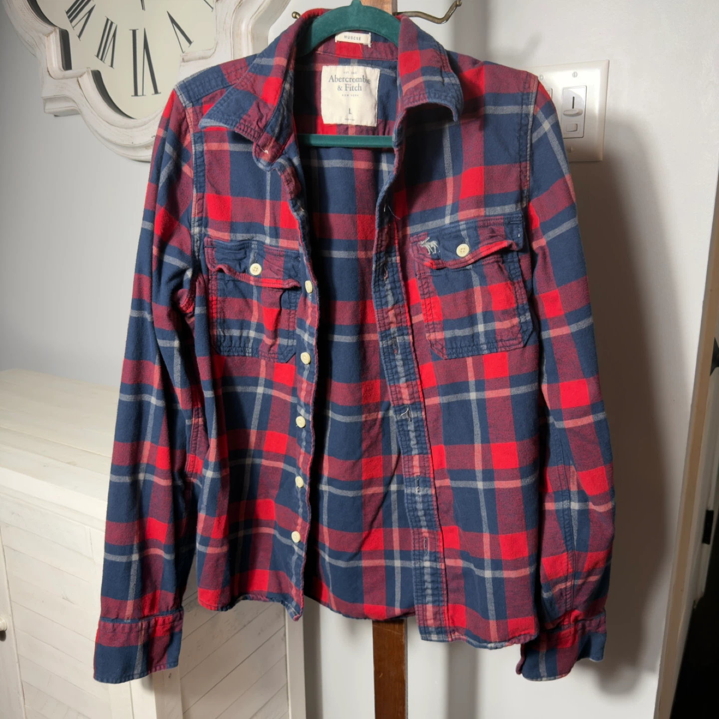 Abercrombie & Fitch Red Blue Plaid Flannel Shirt Size L