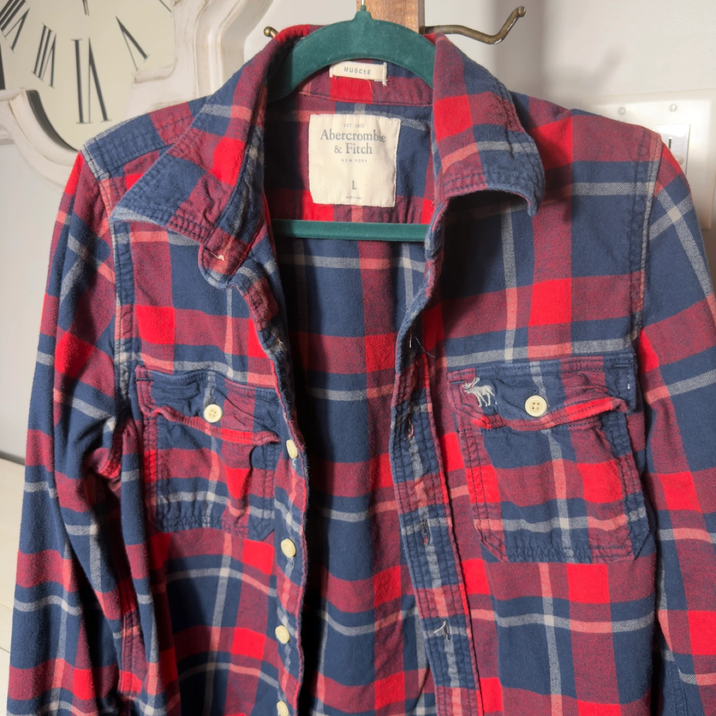 Abercrombie & Fitch Red Blue Plaid Flannel Shirt Size L - photo 3