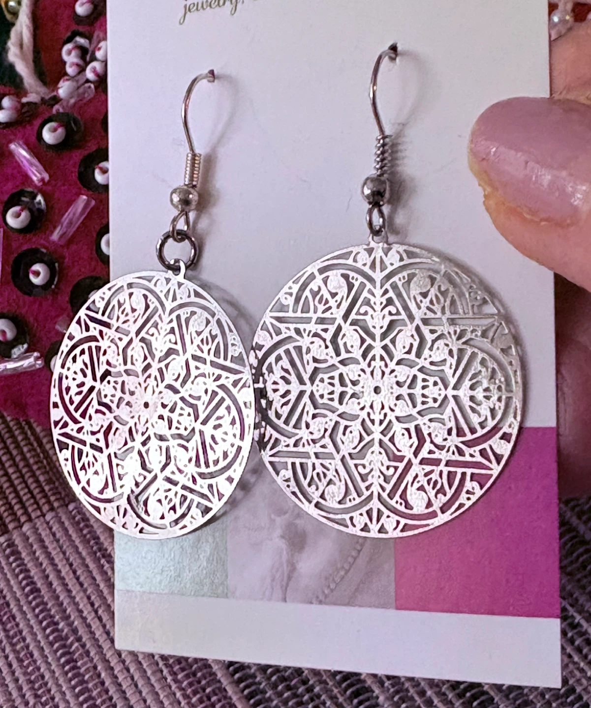 Silver Filigree like cutout Round Dangle Earrings - photo 2