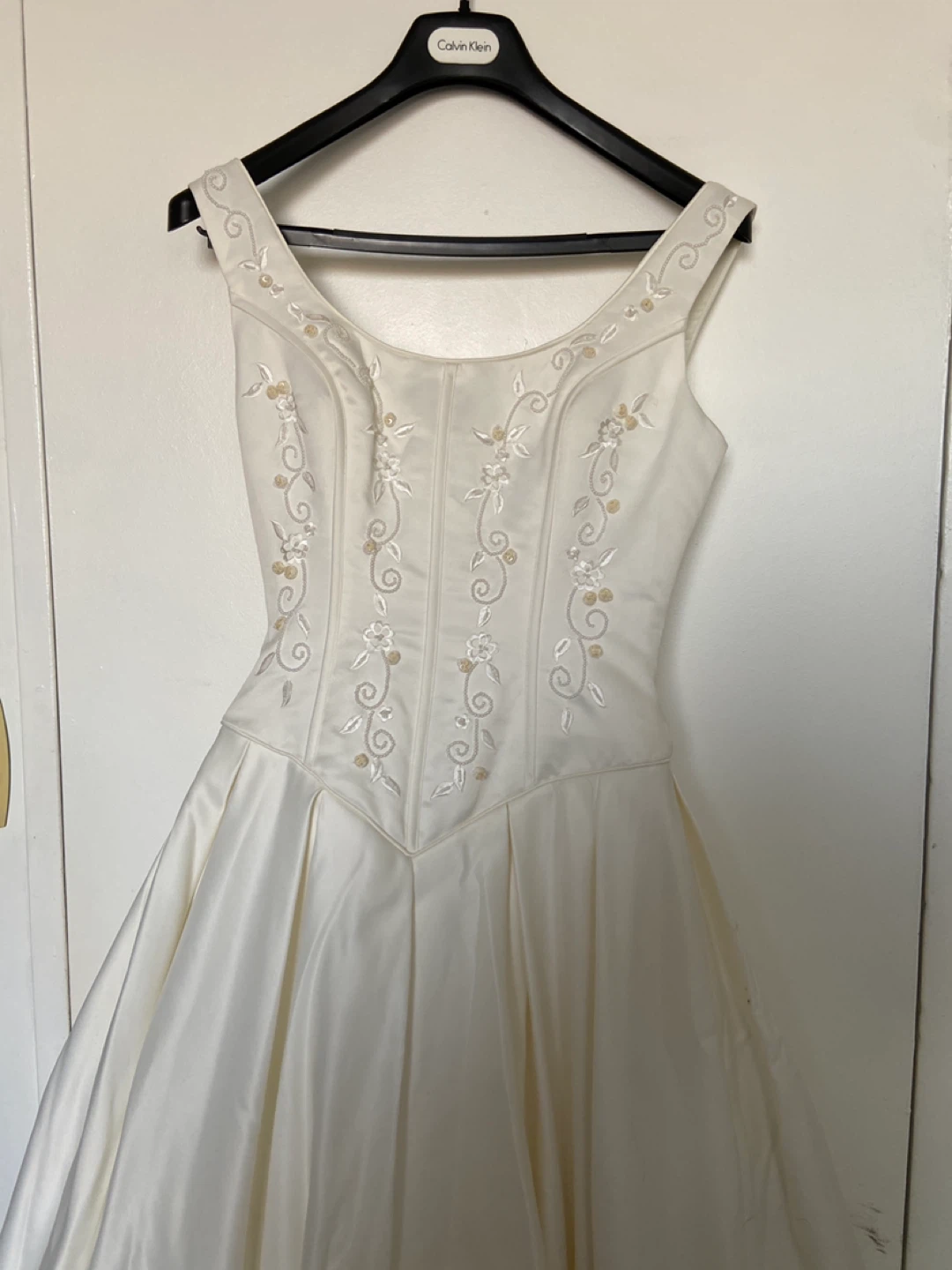 White Satin Wedding Dress with Floral Embroidery