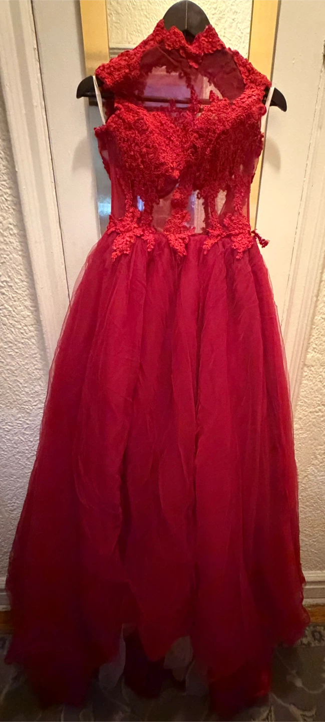 Red Lace Tulle Ball Gown