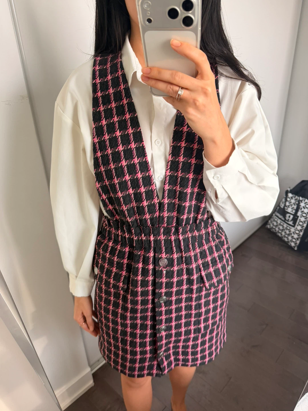 Maje Pink & Black Houndstooth Pinafore Dress Size 38 - photo 2
