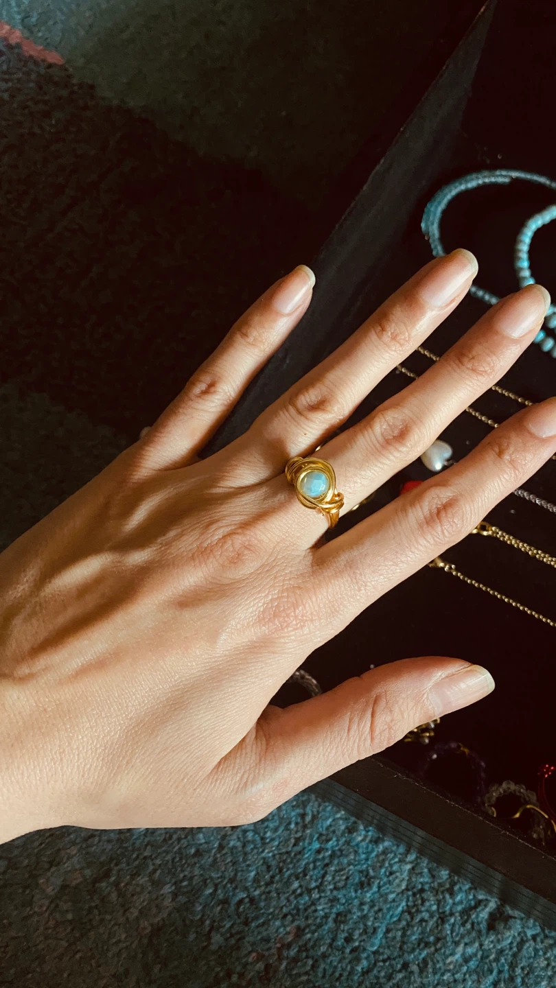 Gold Tone Wire Wrapped Ring with Blue Stone