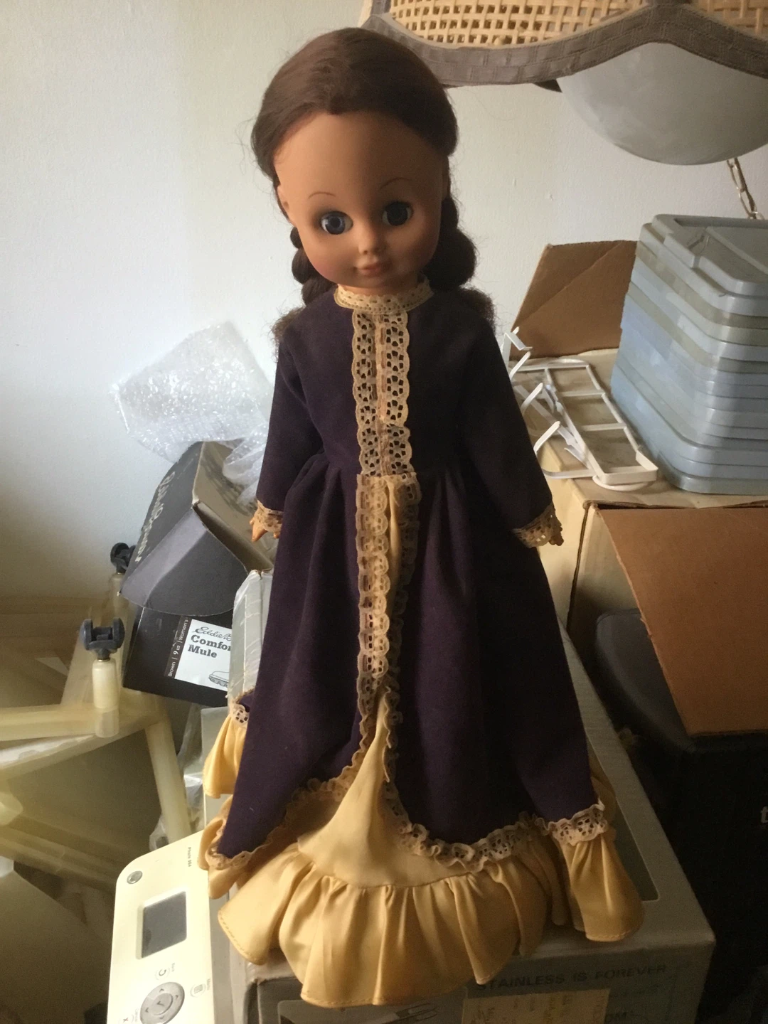 Vintage Doll in Purple Dress with Lace Trim