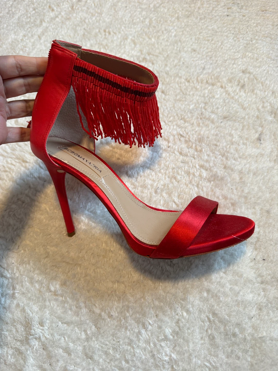 BCBGMAXAZRIA Red Fringe Stiletto Heels Size 8.5M