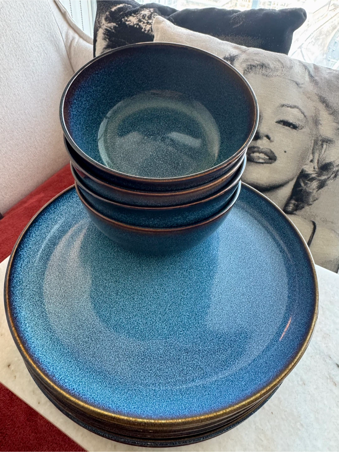Blue Stoneware Plates & Bowls Set