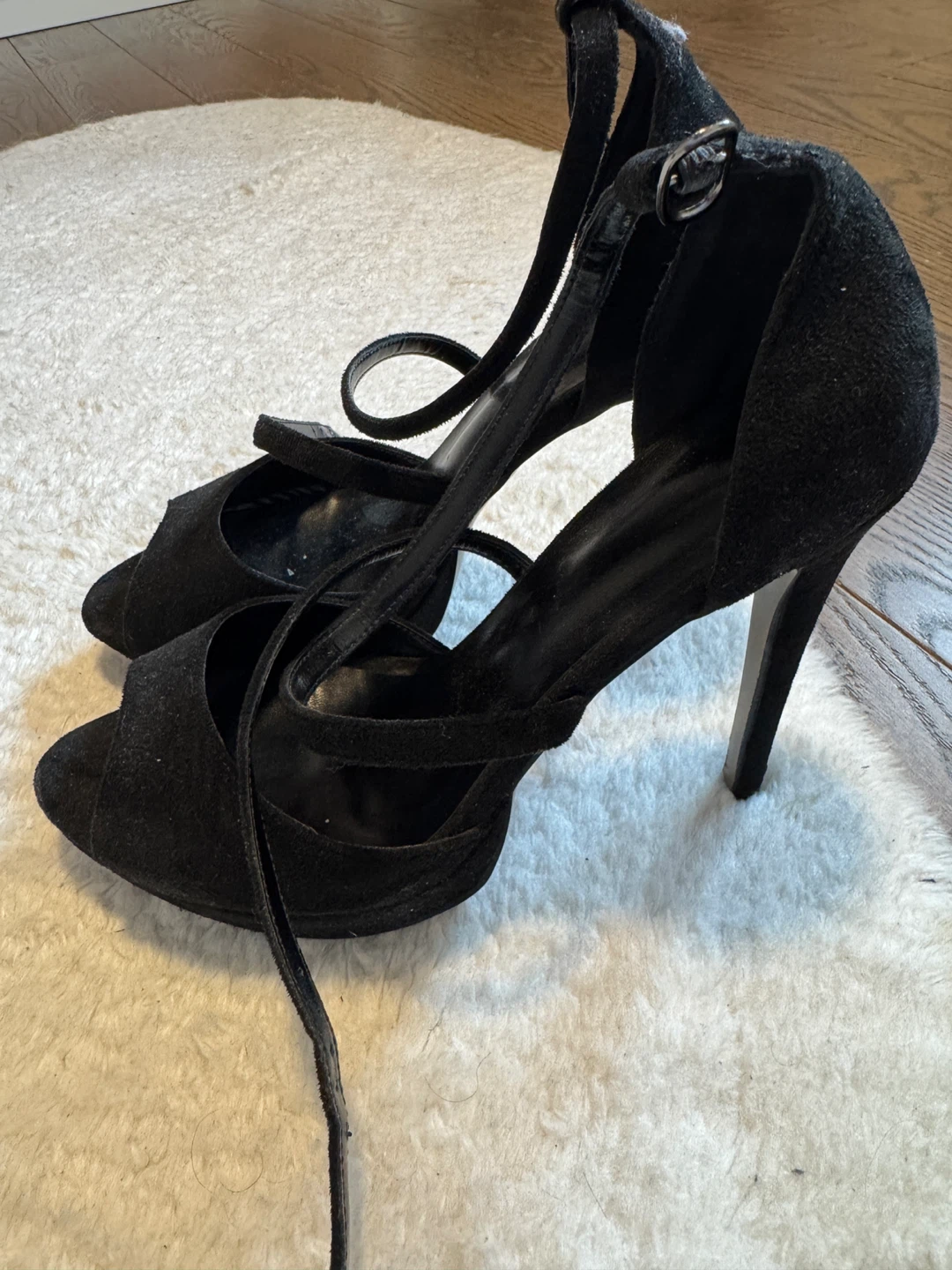 Black Suede Ankle Strap Heels - Size US 10 / EU 41