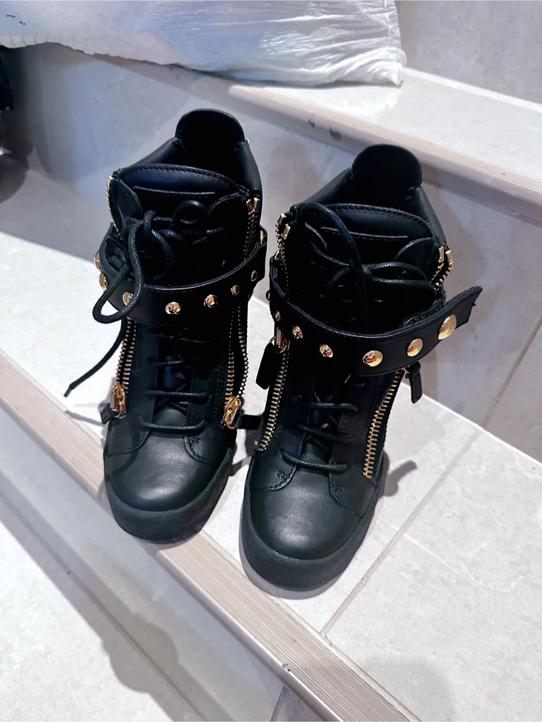 Giuseppe Zanotti Black Leather Zip Wedge Sneakers Size 38