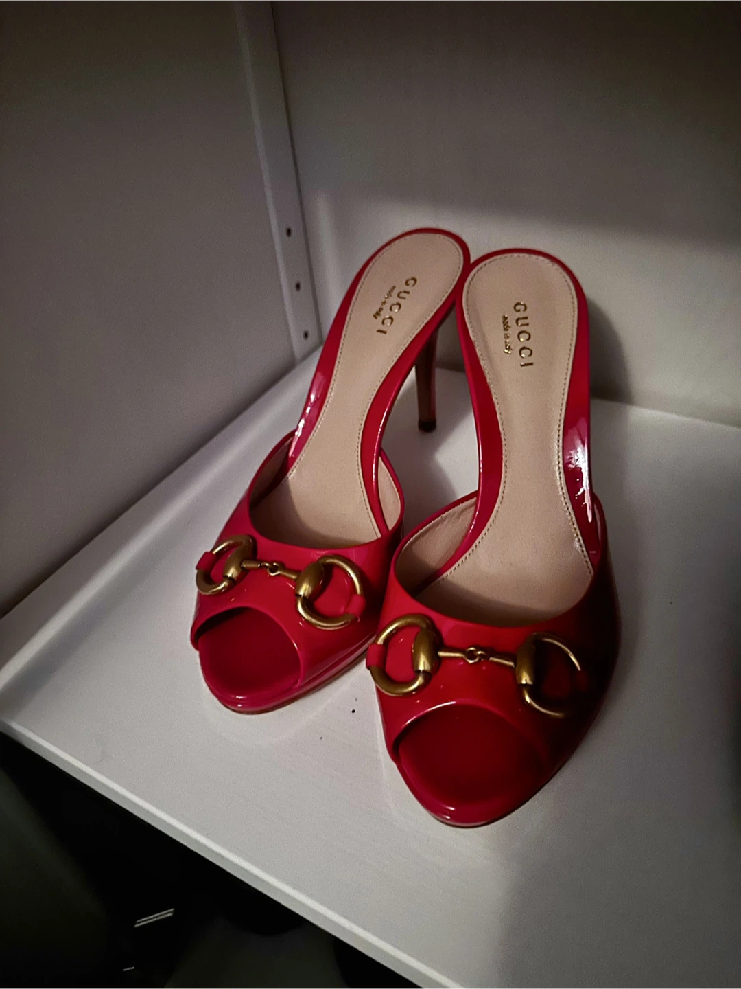 Gucci Pink Patent Leather Horsebit Mules Heels Size 37