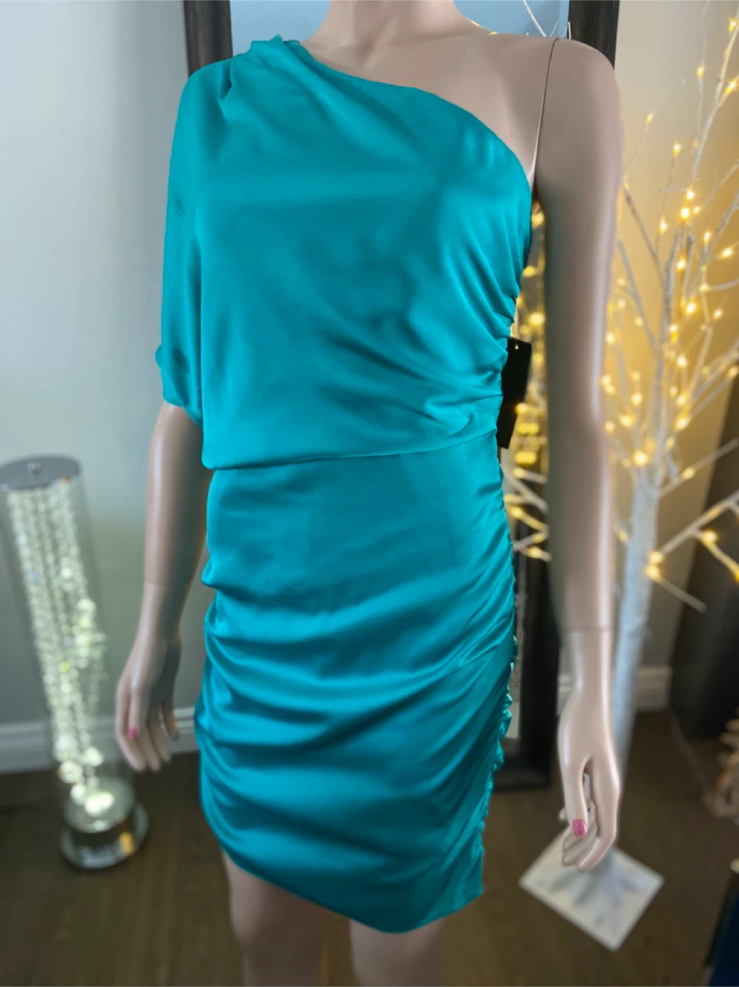 NWT Aqua Teal Satin One-Shoulder Ruched Batwing Dress 4 or 6 - photo 5