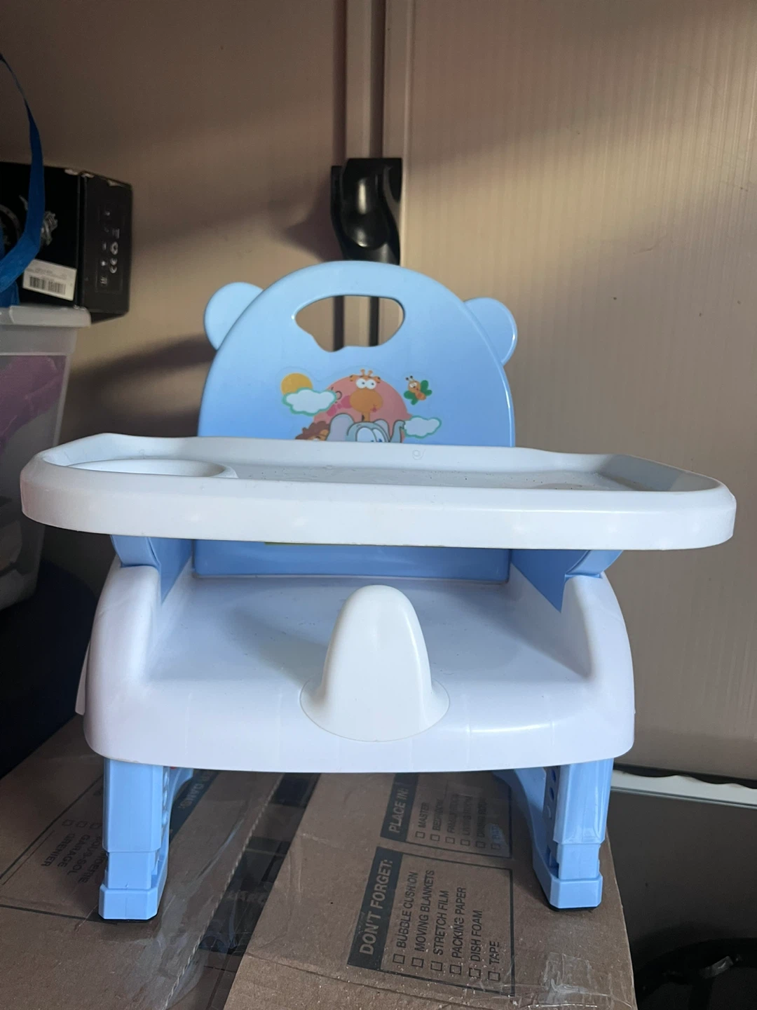 Blue and White Baby Booster Seat with Tray
