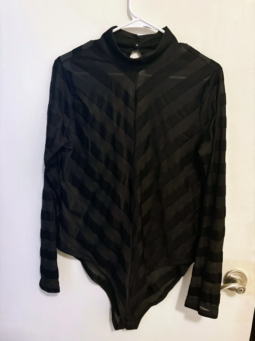 Haute Monde 1XL Black Sheer Striped Mock Neck Bodysuit
