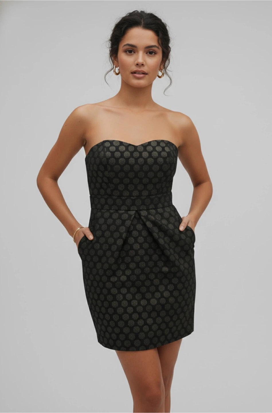 Black Strapless gold Polka Dot Dress