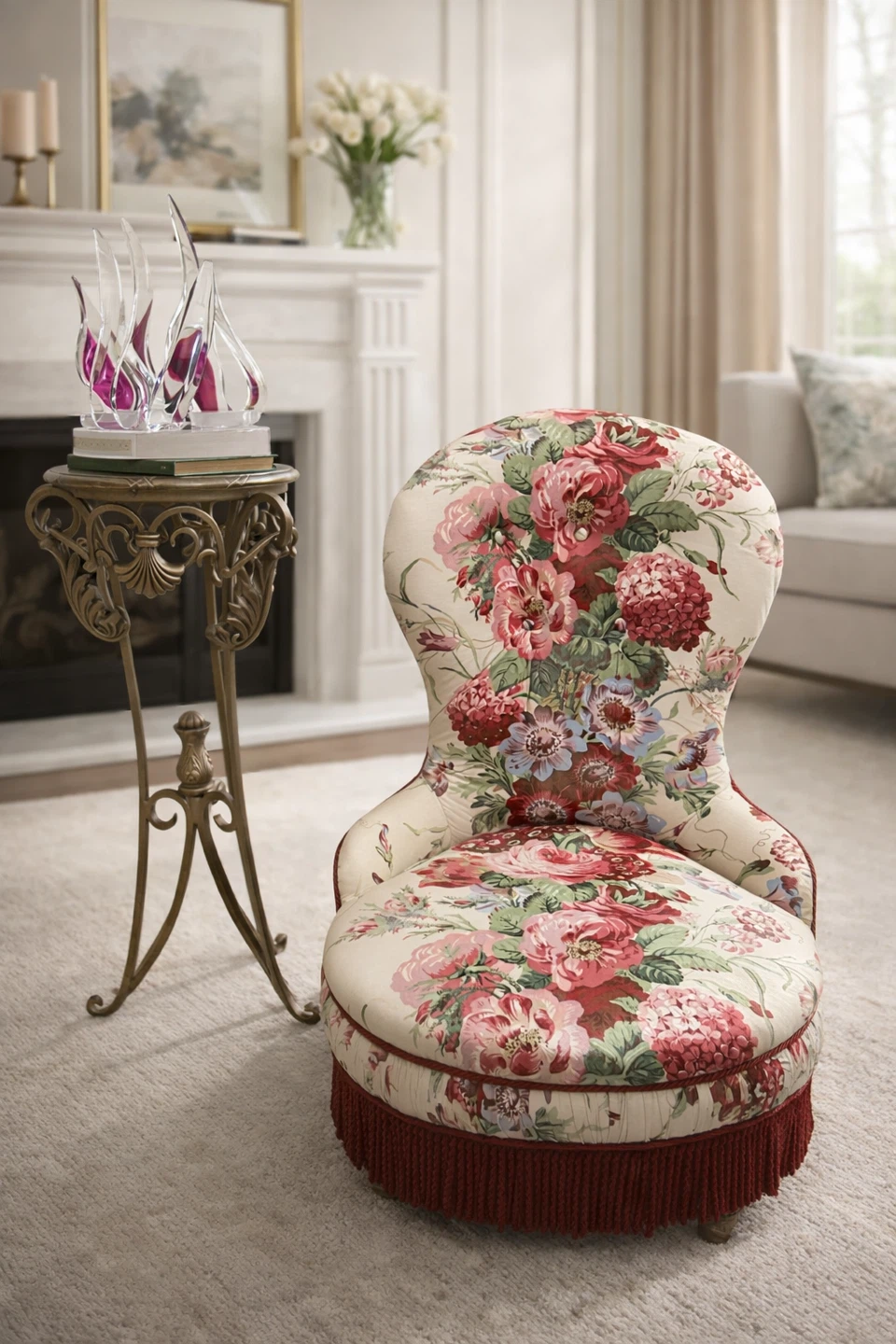 Vintage Floral Accent Chair with Tassel Skirt