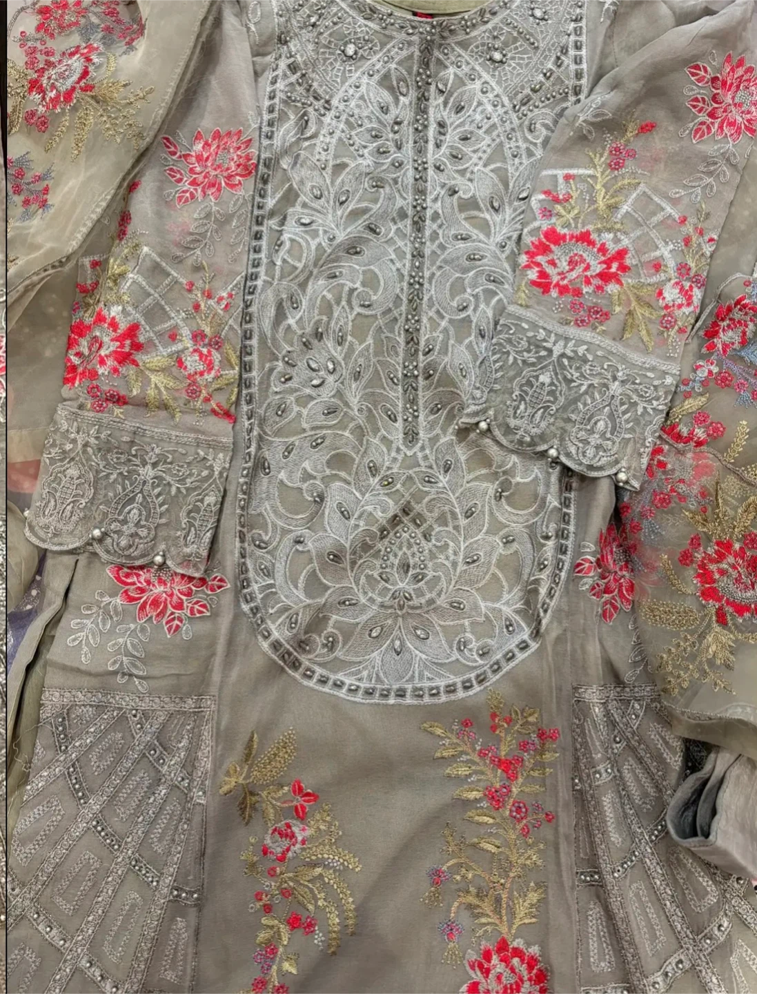 Embroidered Grey salwar kameez with Red Floral Accents