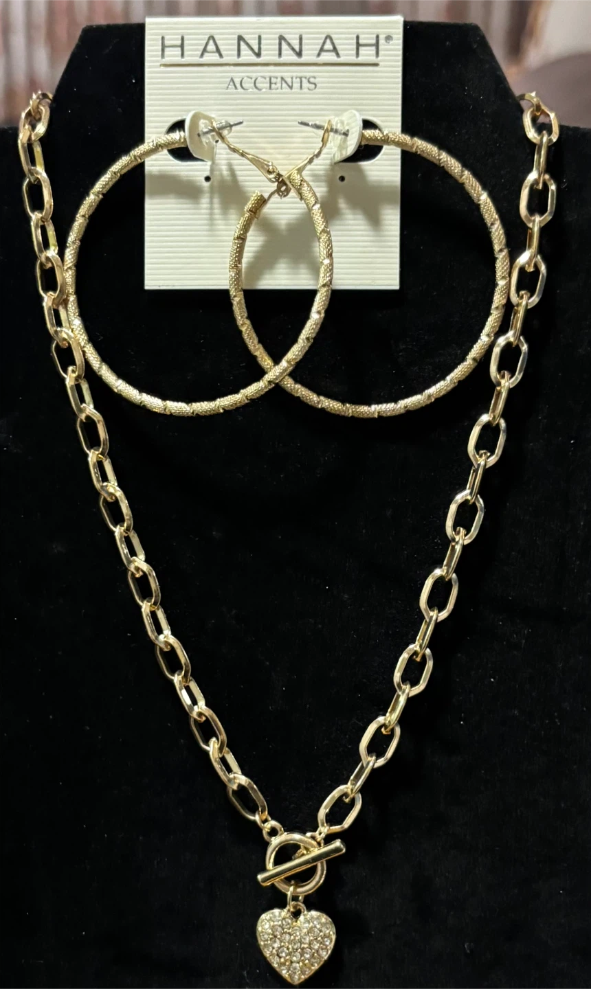 Brand New 2pc Set- Gold Tone Necklace and Hoop Earrings Set