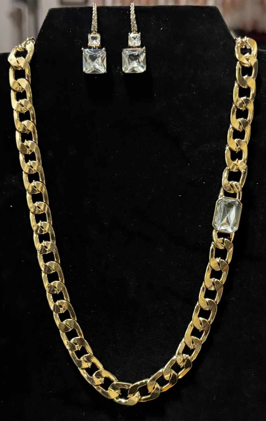 New Set-Gold Chain Necklace and Square Crystal Earrings Set