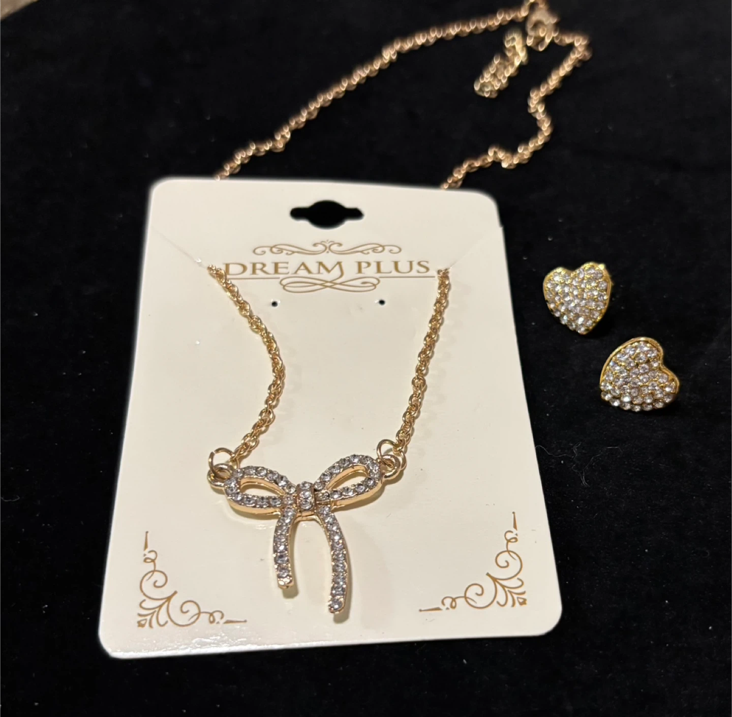 NEW 2pc-Dream Plus Gold Tone Bow Necklace and Heart Earrings Set