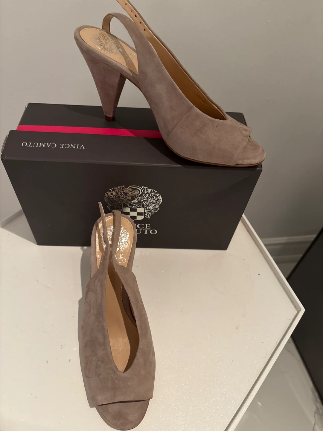 Vince Camuto Peep-Toe Slingback Heels - Taupe Suede - photo 3