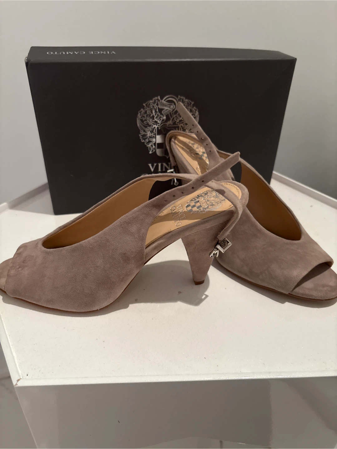 Vince Camuto Peep-Toe Slingback Heels - Taupe Suede
