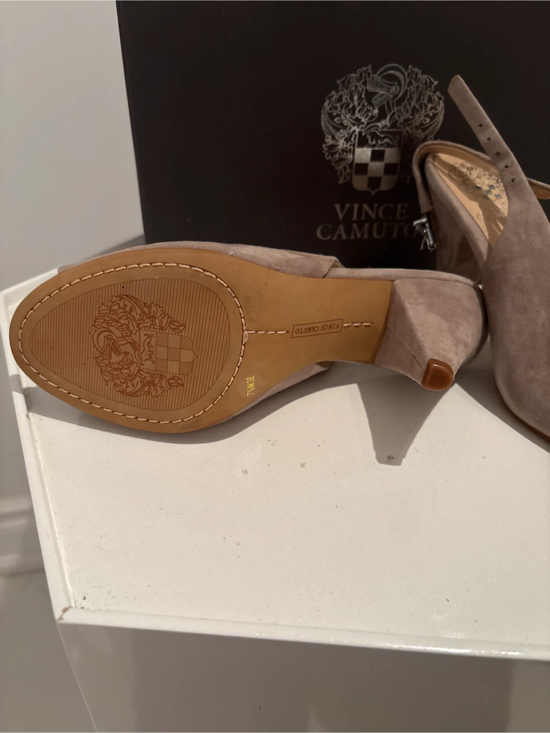 Vince Camuto Peep-Toe Slingback Heels - Taupe Suede - photo 2