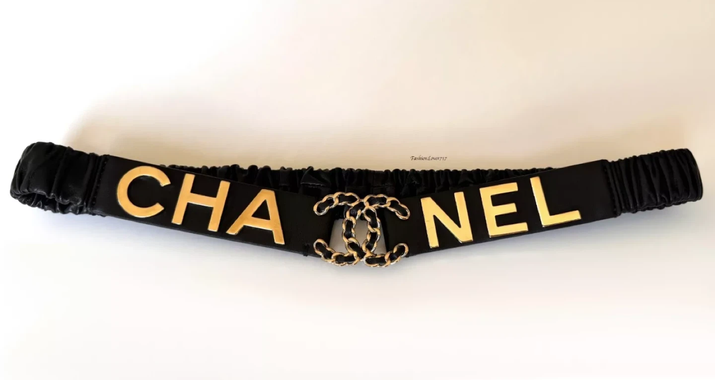 Chanel Black Leather Elastic Belt with Gold Logo