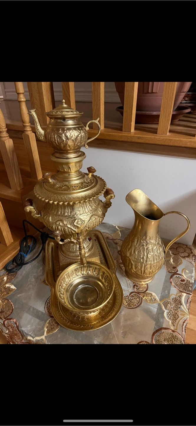 Decorative Brass Samovar Set with Pitcher and Bowl