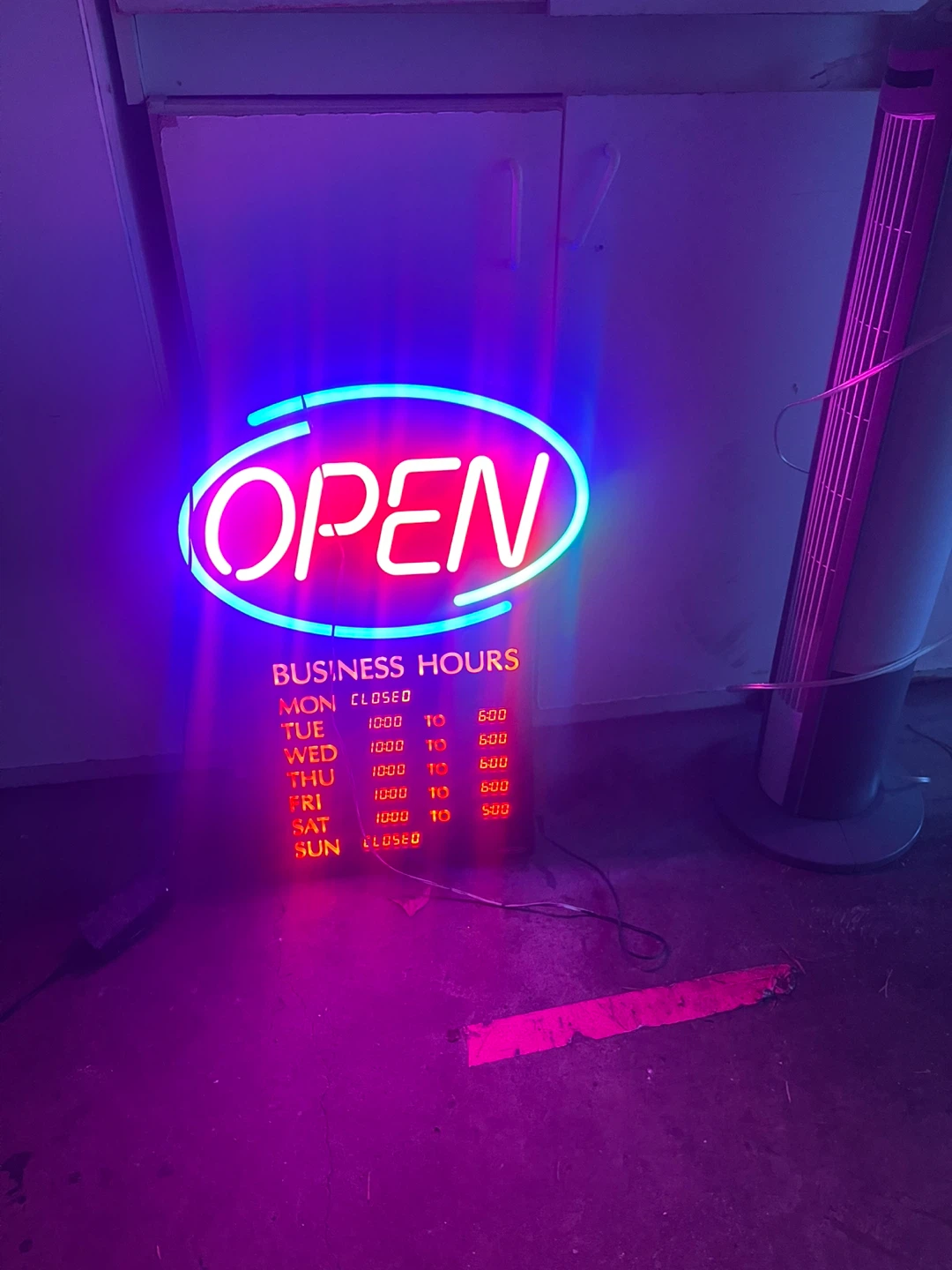 Neon Open Sign with Business Hours Display