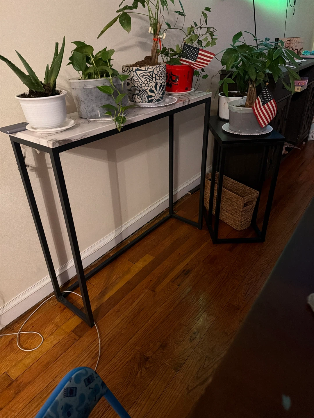 Console Table with Marble Top and Black Metal Frame