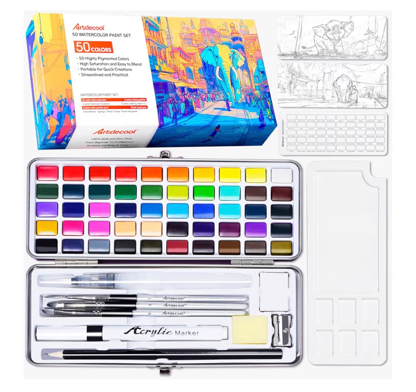 ArtdeCool 50 Watercolor Paint Set with Brushes and Accessories - photo 2