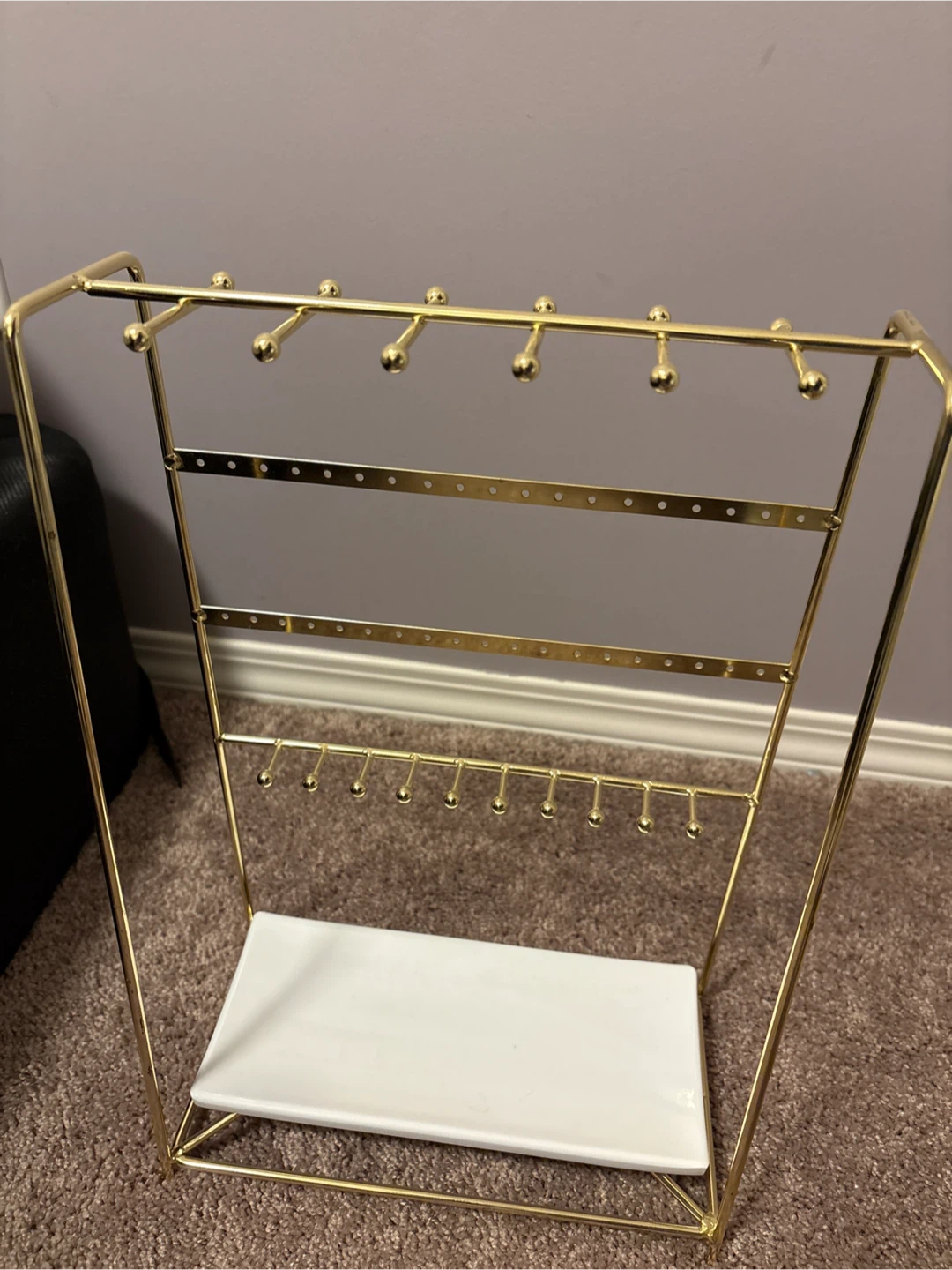 Gold Metal Jewelry Organizer Stand with White Tray