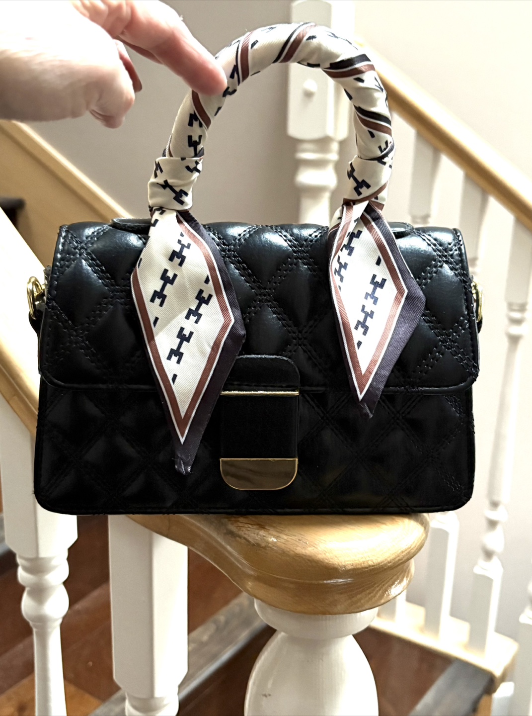 Black Quilted Handbag with Scarf Handle