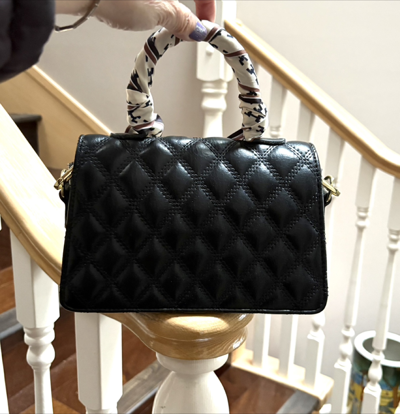 Black Quilted Handbag with Scarf Handle - photo 3