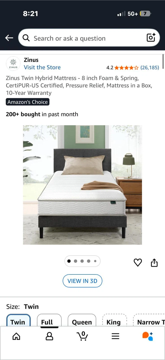 Zinus Twin Hybrid Mattress - 8 Inch Foam & Spring