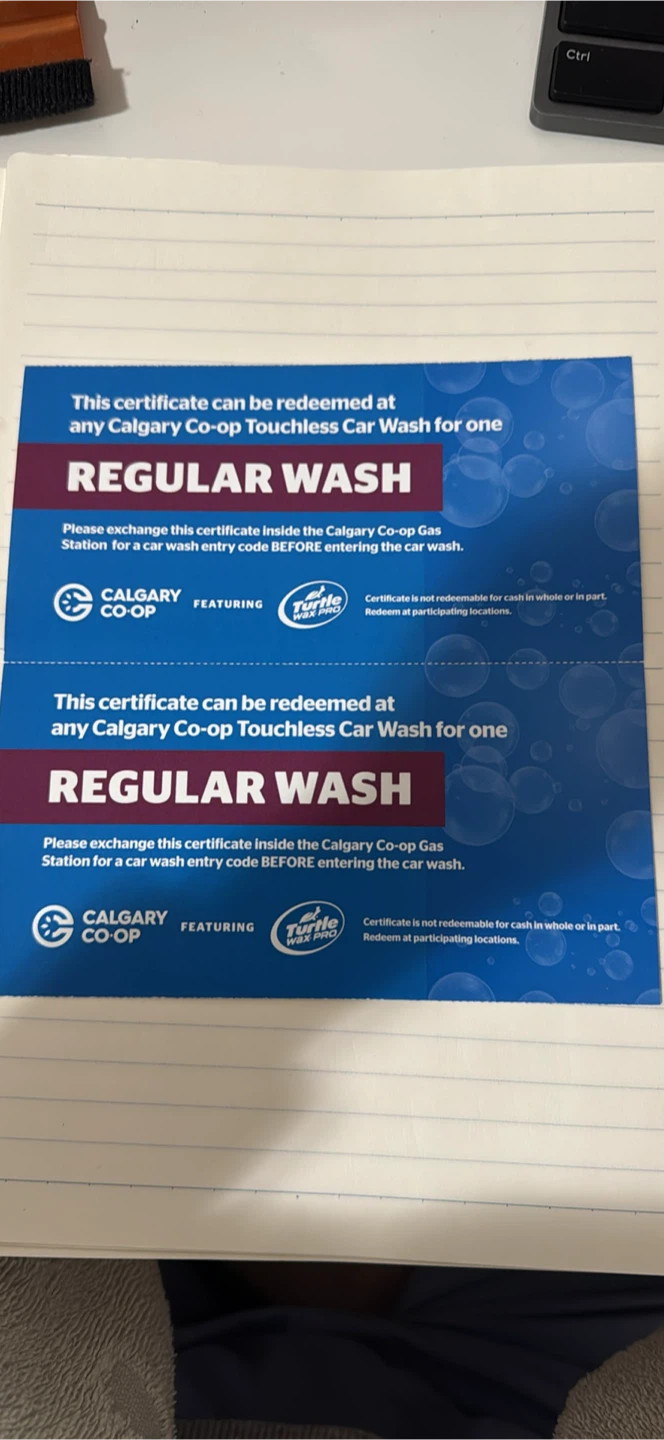 Calgary Co-op Regular Car Wash Certificate (2x)