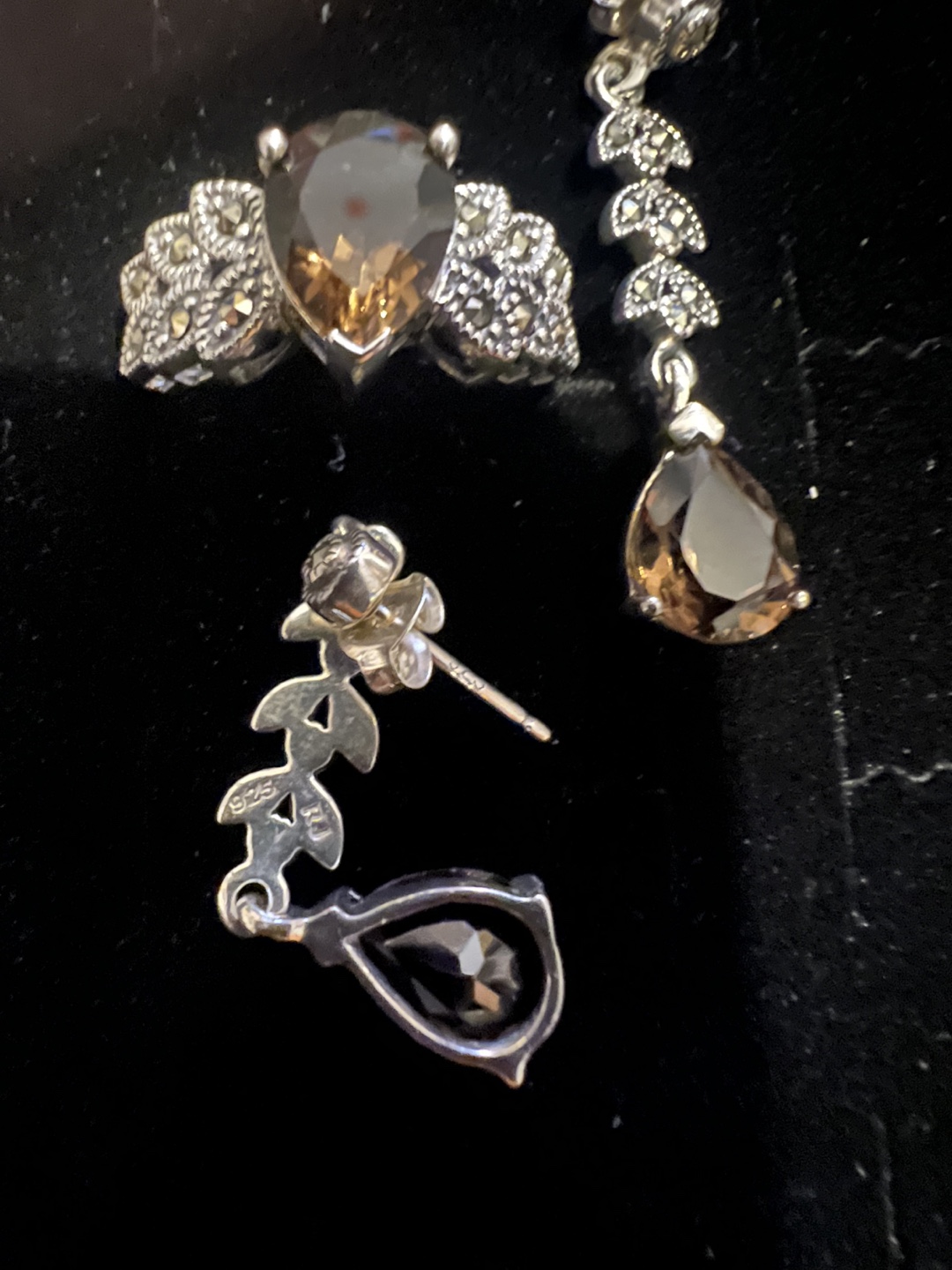 Smoky Quartz & Sterling Silver Ring and Dangle Earrings Set