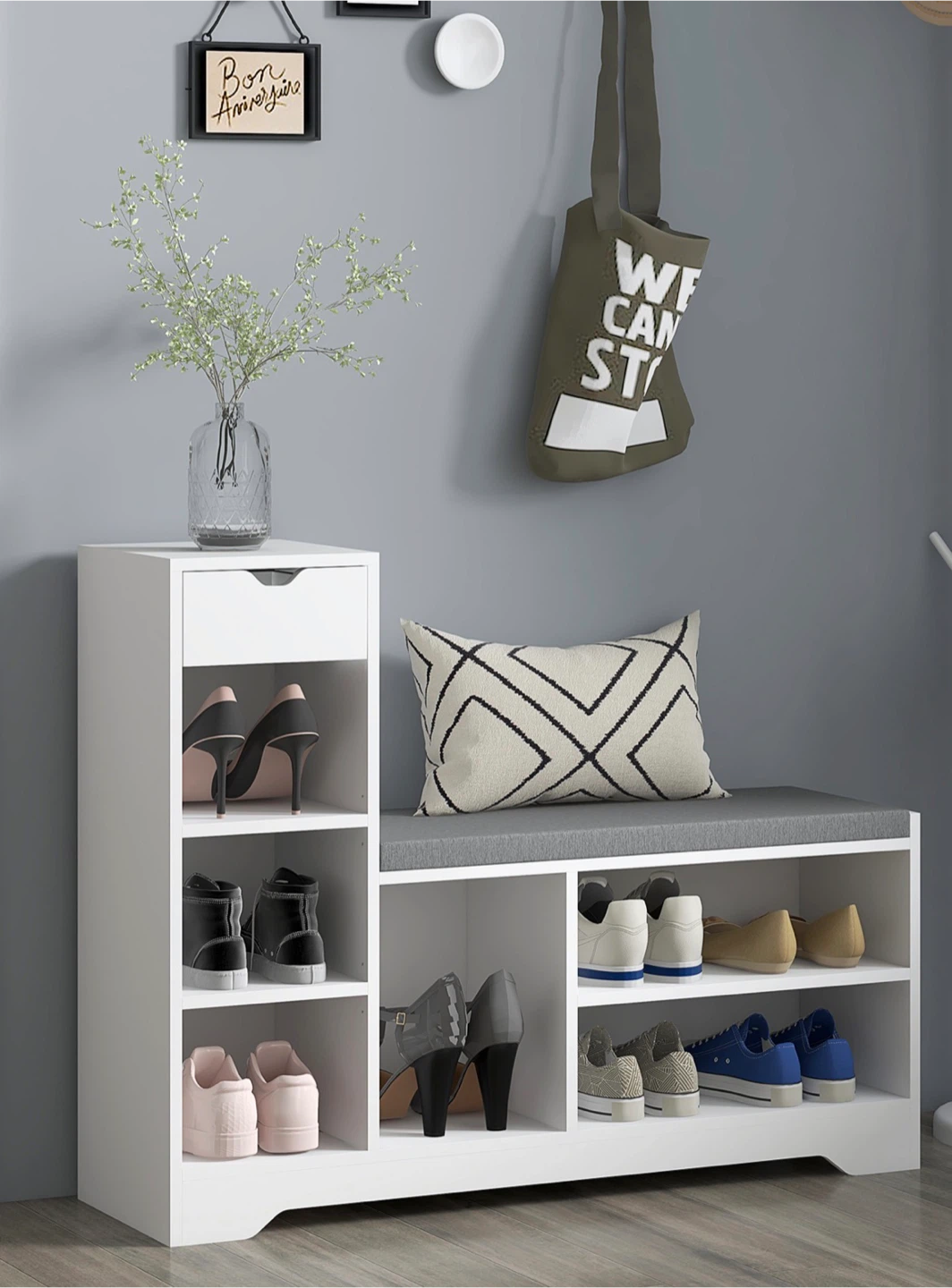 Upholstered Shoe Storage Bench w/ Drawer