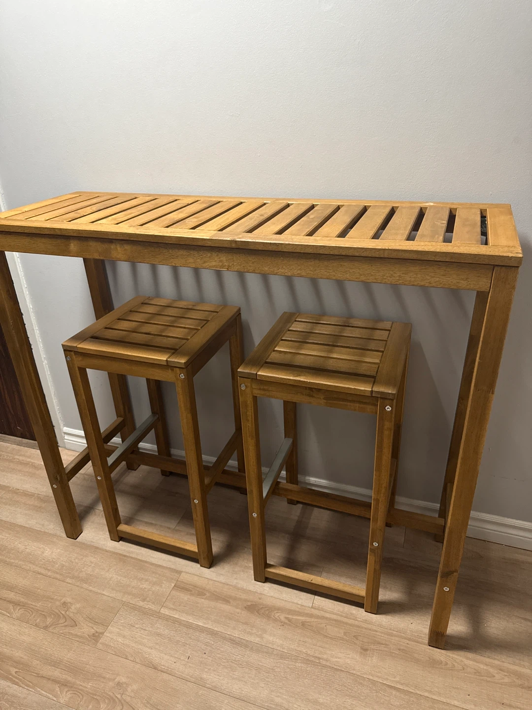 Wooden Bar Table and Two Stools Set