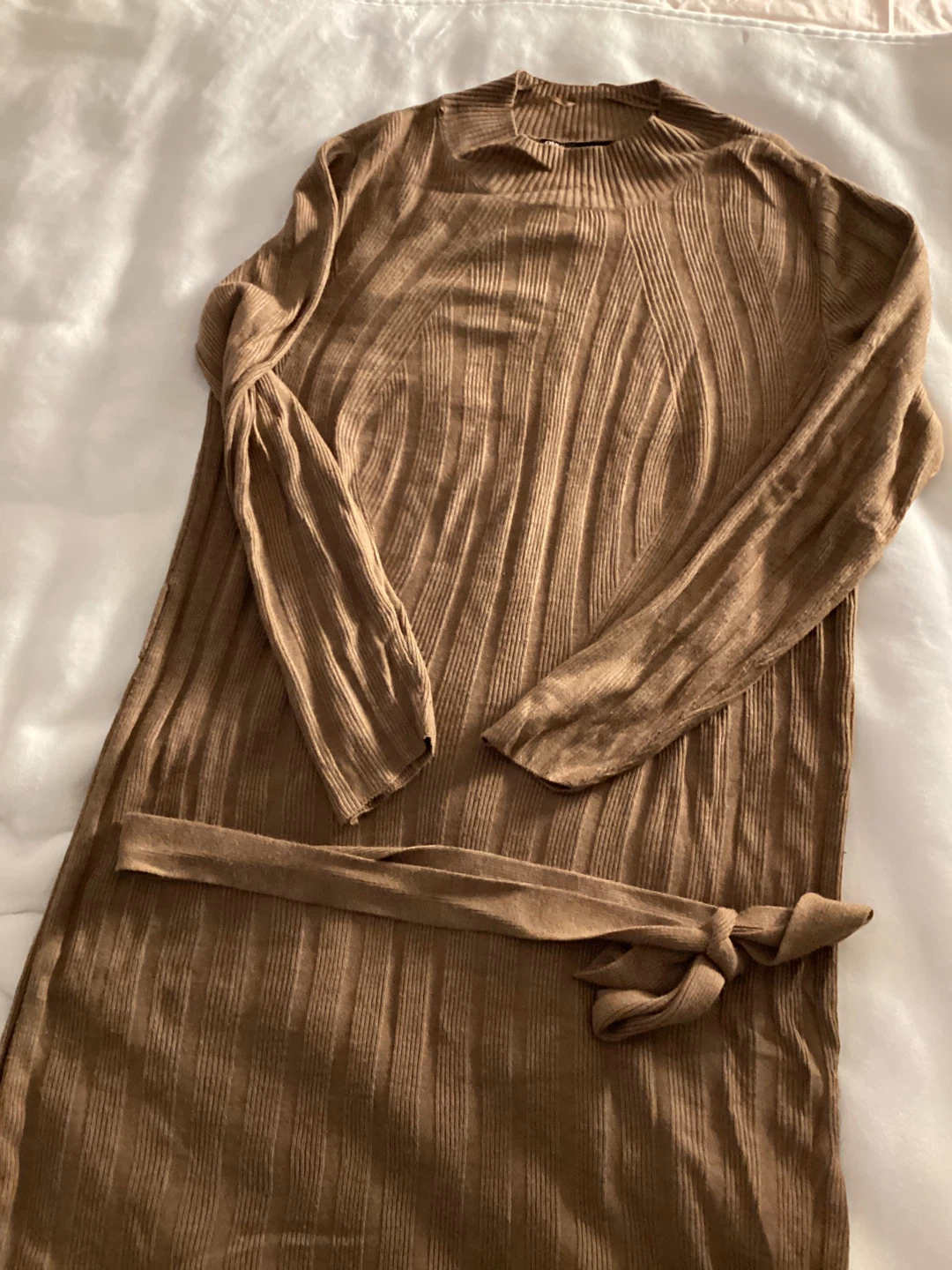 ONLY Brown Ribbed Knit Long Sleeve Dress with Belt - photo 2