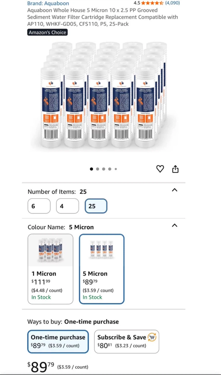 Sealed Aquaboon 5 Micron Water Filter Cartridge 25-Pack