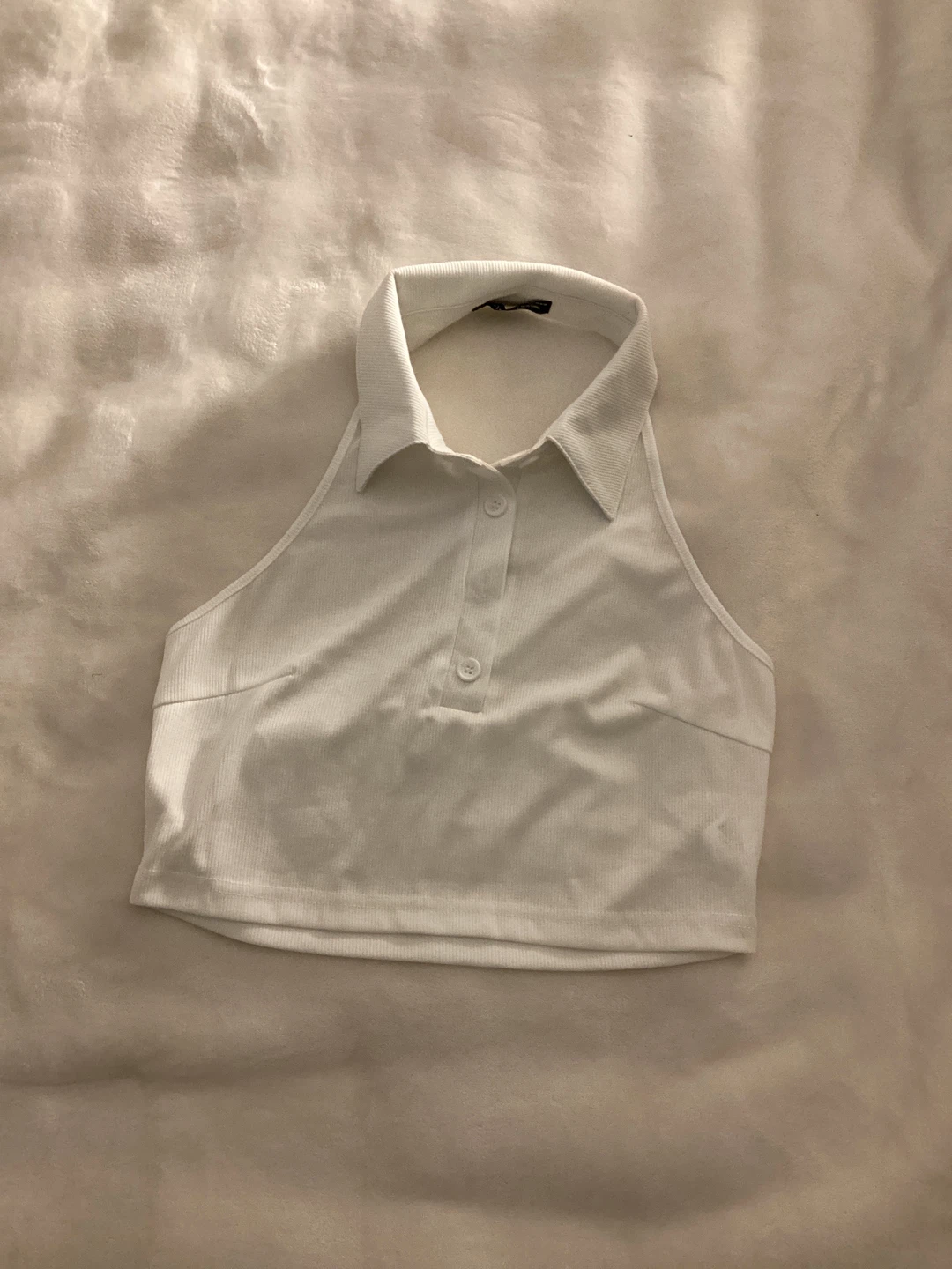 White Halter Neck Polo Crop Top