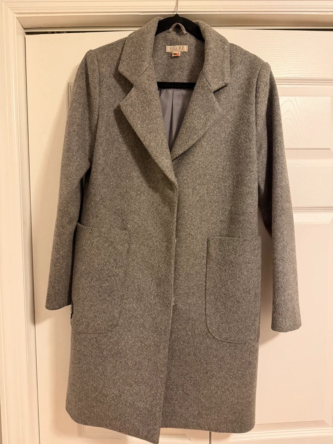 RIGORE Women's Grey Wool Blend Coat with Sequin Patch