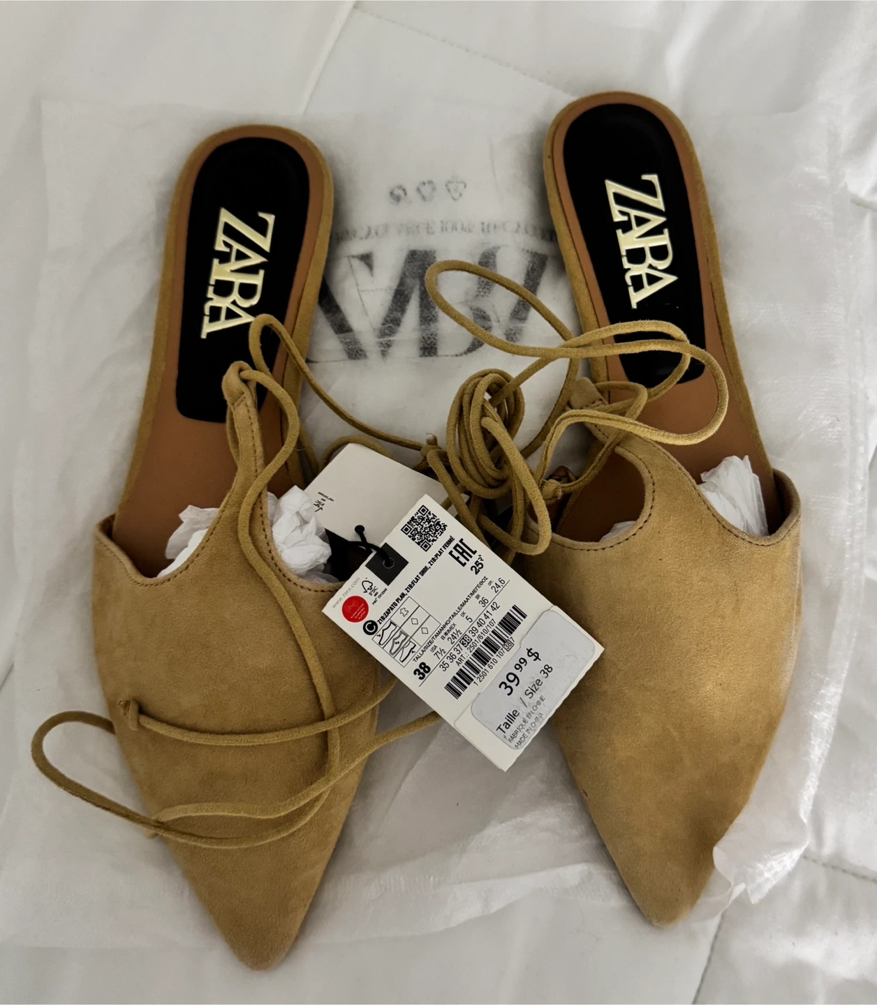 ZARA Women's Tan  pointed Toe Lace-Up Flats