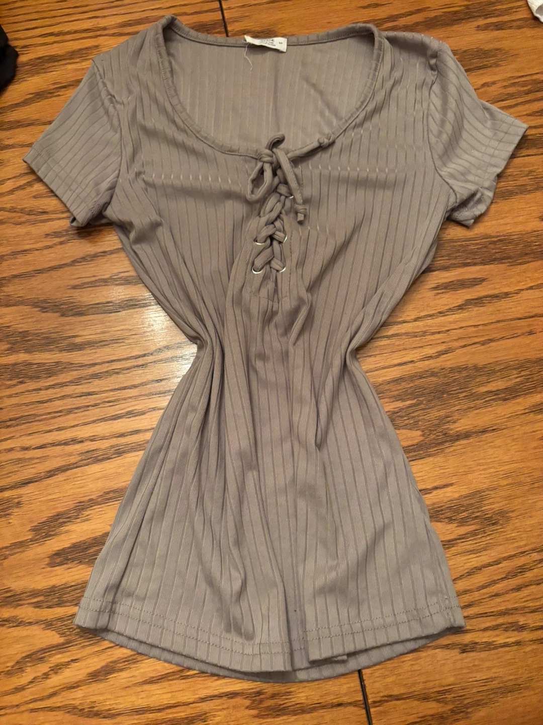 Ardene Grey Ribbed Lace-Up T-Shirt