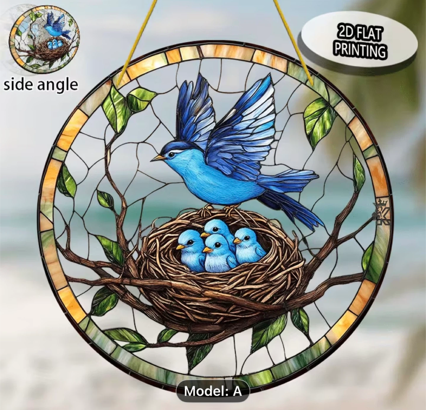 2D acrylic sun catcher, blue bird/babies, new