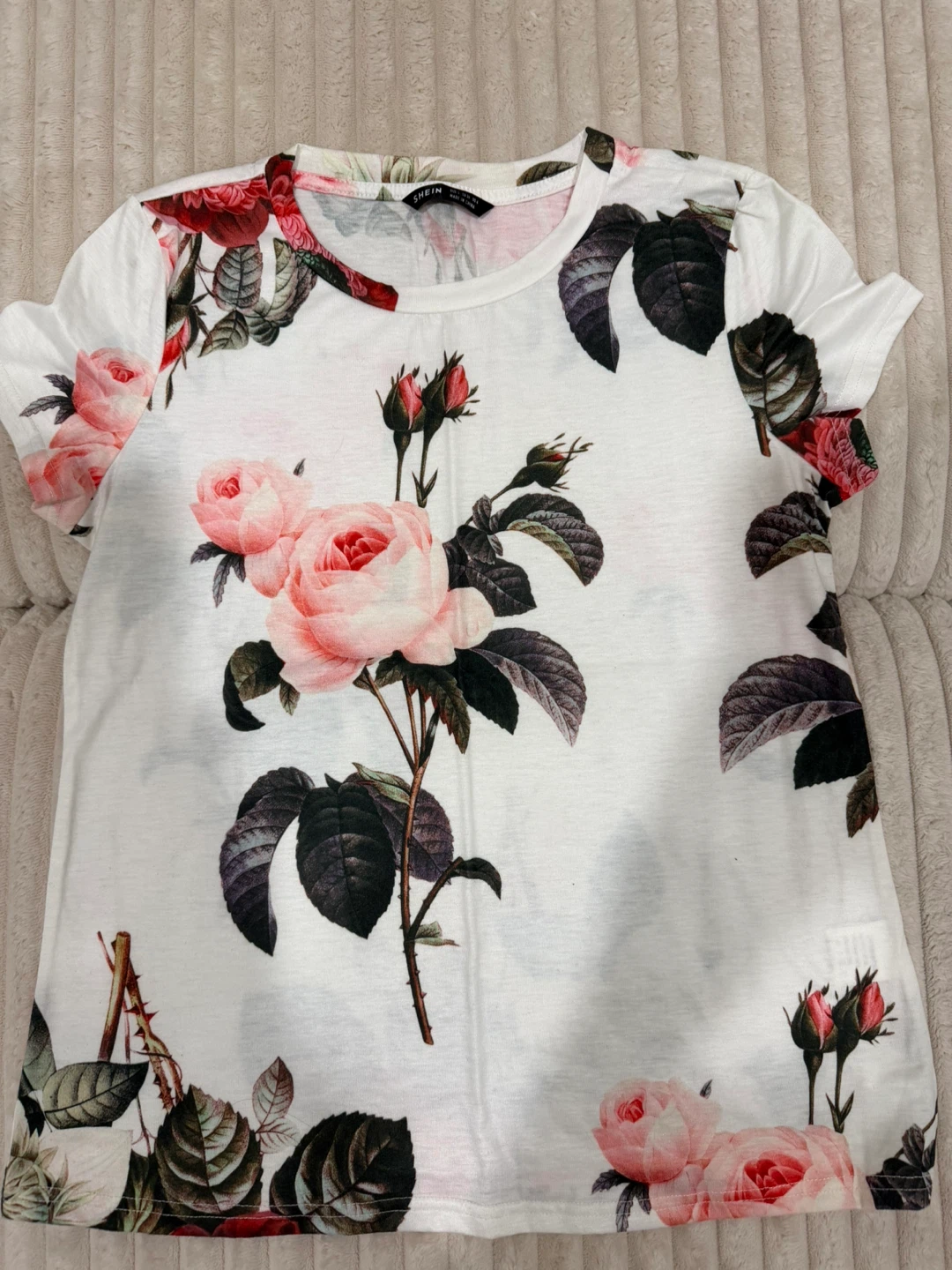 SHEIN White Rose Print T-Shirt