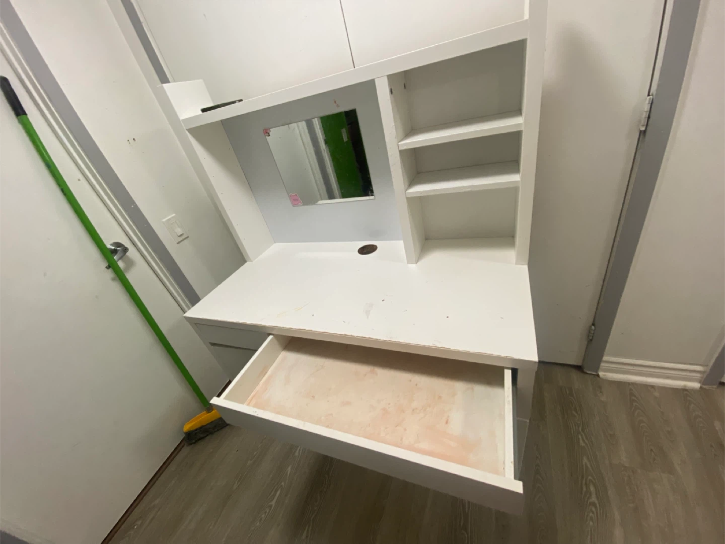 White Vanity Desk with Mirror and Shelves