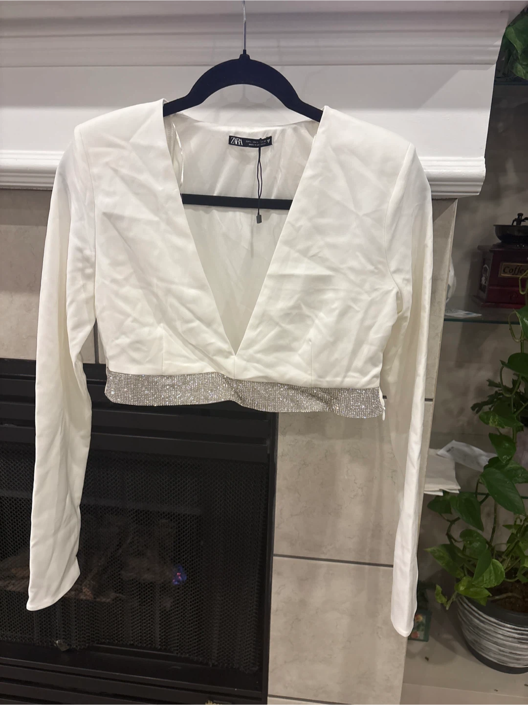 ZARA White Cropped Blazer with Rhinestone Trim
