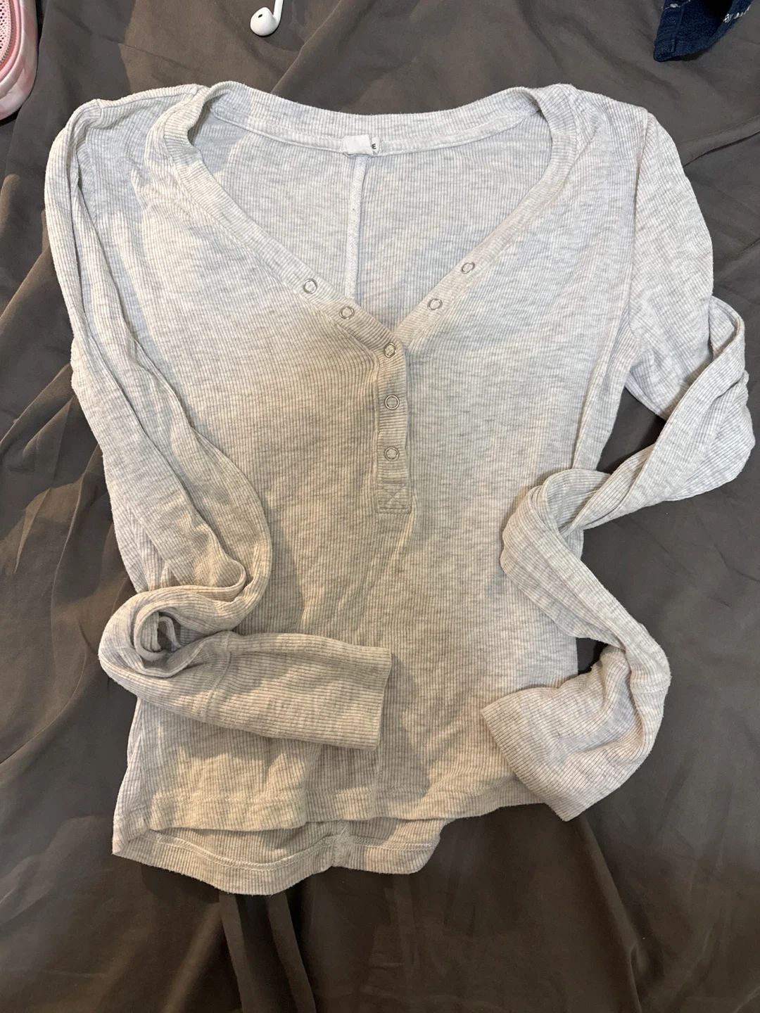Light Grey Ribbed Henley Long Sleeve Shirt